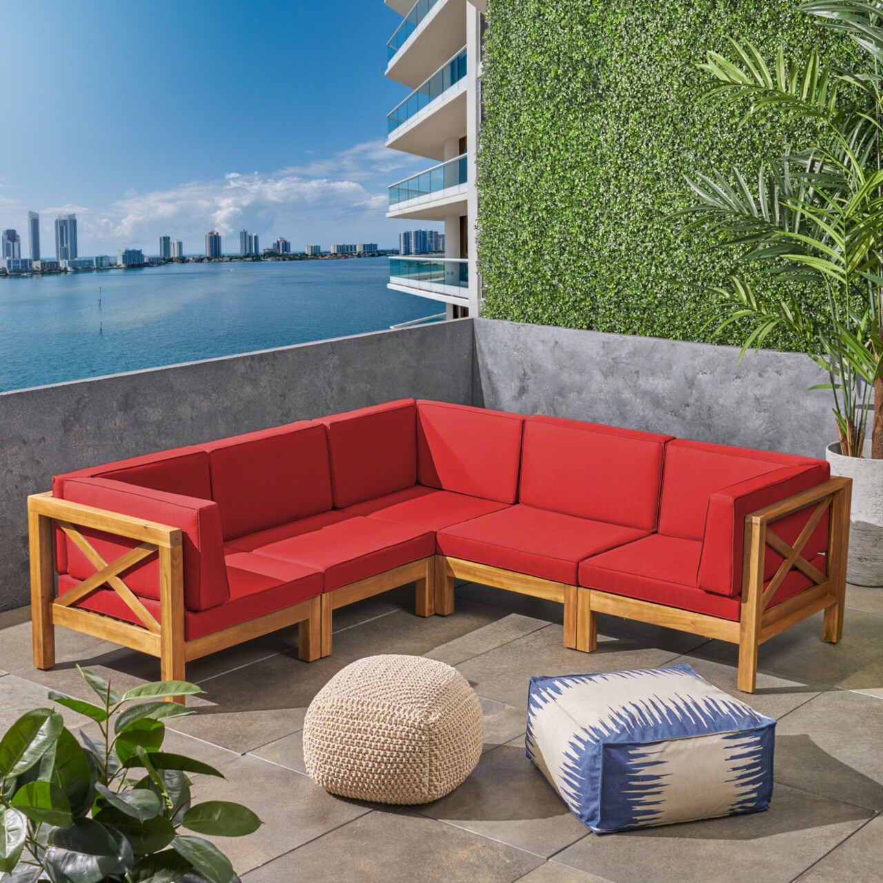 GDFStudio Brava Outdoor Acacia Wood 5 Seater Sectional Sofa Set with Water-Resistant Cushions